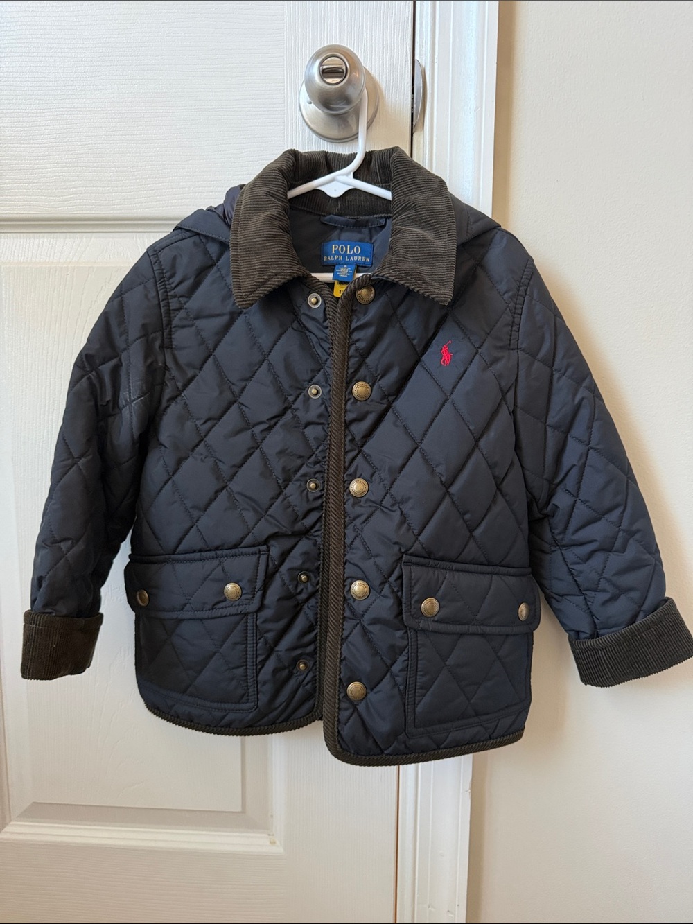 Polo by Ralph Lauren Navy Quilted Puffer Jacket with Brown Corduroy Trim